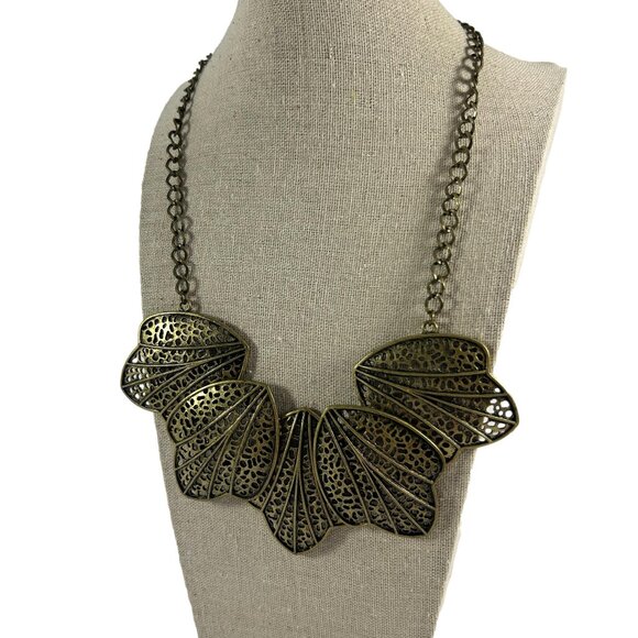 Gold Brass Tone Open Leaf Bib Necklace Statement Metal Unique Adjustable 17-19" - Picture 1 of 8